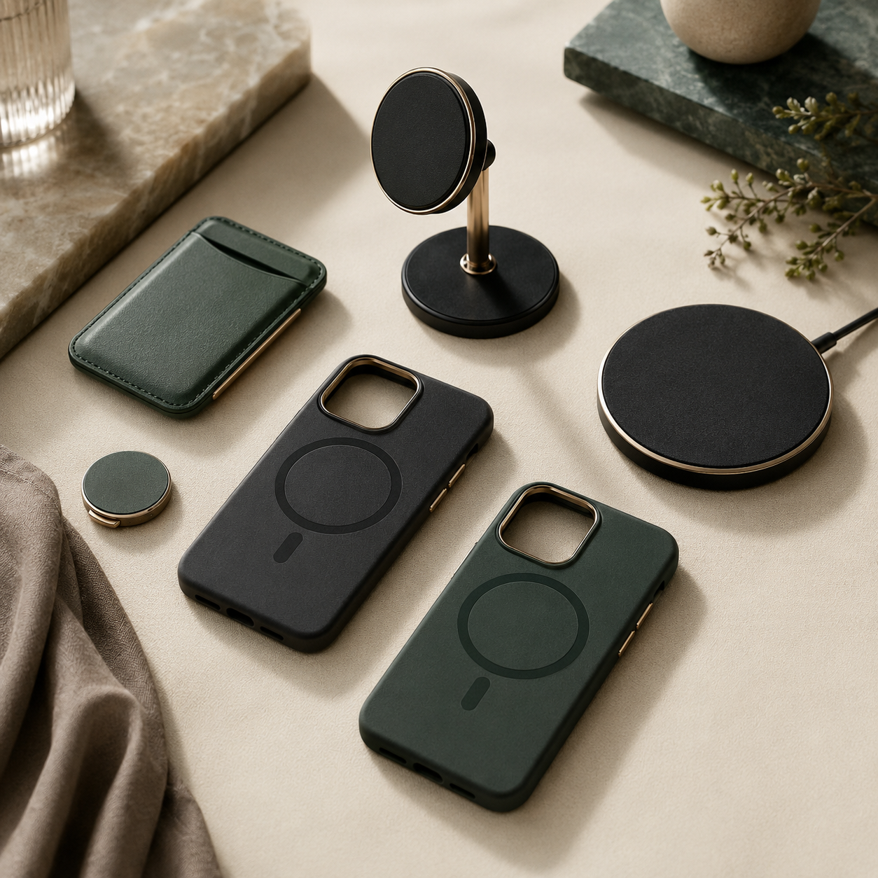 Premium phone cases and MagSafe accessories arranged on a warm ivory surface