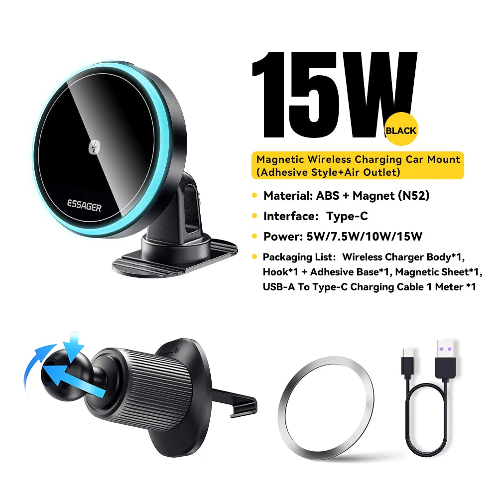 Essager Magnetic Car Phone Holder 15W Wireless Charger Stand For iPhone 17 16 15 14 Max Car Mount Charger for Magsafe LED Light