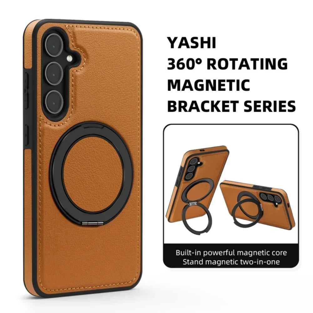 Luxury Leather Pattern Magnetic Stand Case For Samsung S25 S26 S24 S23 Ultra Plus S25 FE For Magsafe Shockproof Protection Case