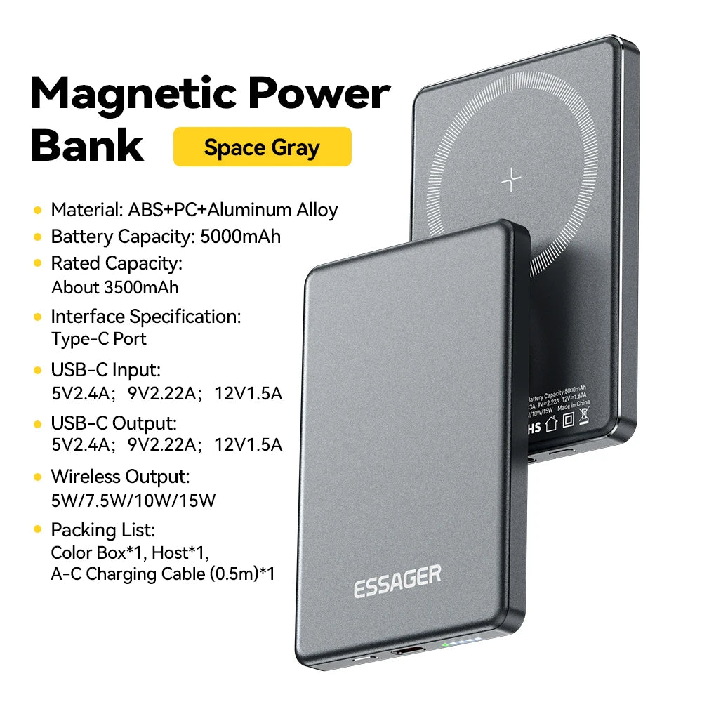 Essager 5000mAh MagSafe Power Bank for MagSafe iPhone 17, 16, 15 & 14