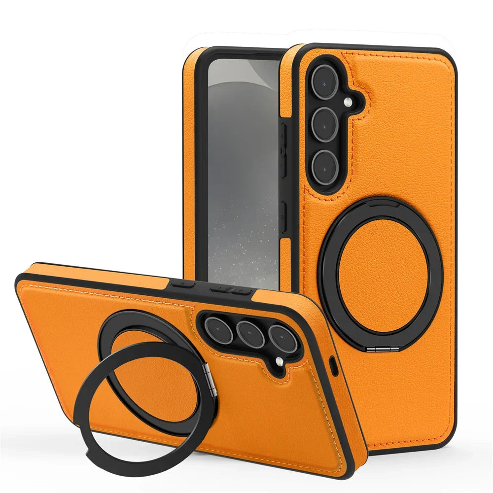 Luxury Leather Pattern Magnetic Stand Case For Samsung S25 S26 S24 S23 Ultra Plus S25 FE For Magsafe Shockproof Protection Case