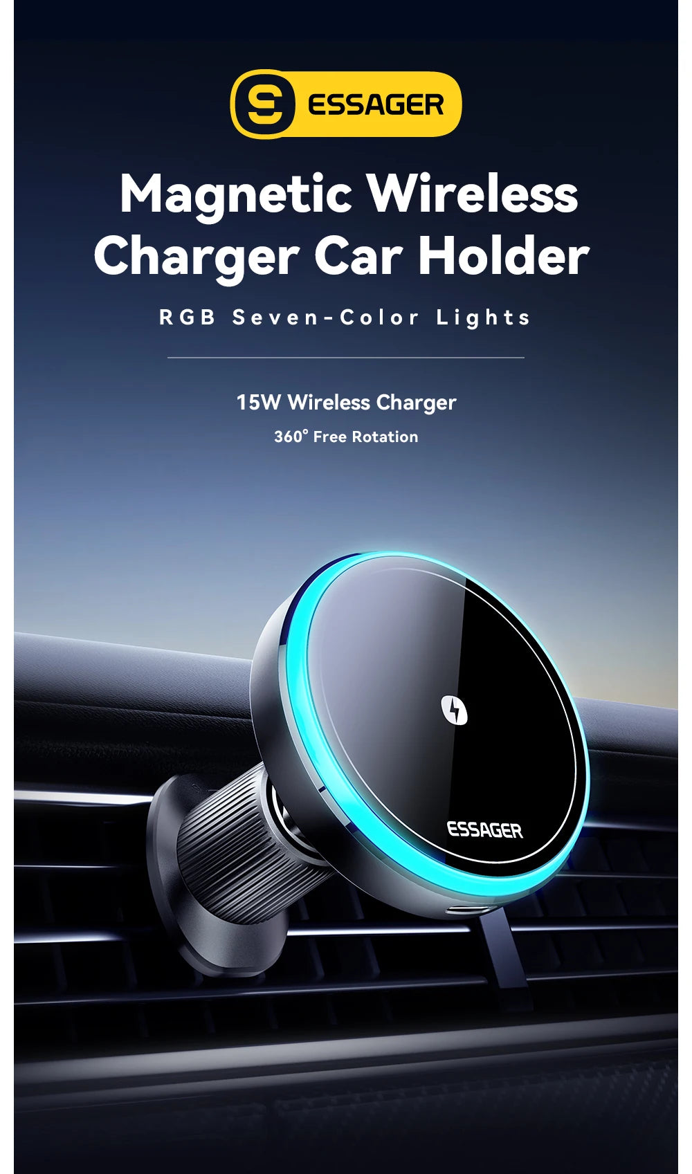 Essager Magnetic Car Phone Holder 15W Wireless Charger Stand For iPhone 17 16 15 14 Max Car Mount Charger for Magsafe LED Light