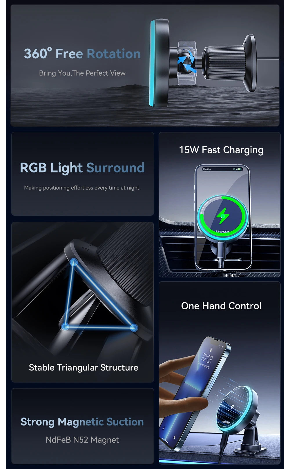 Essager Magnetic Car Phone Holder 15W Wireless Charger Stand For iPhone 17 16 15 14 Max Car Mount Charger for Magsafe LED Light