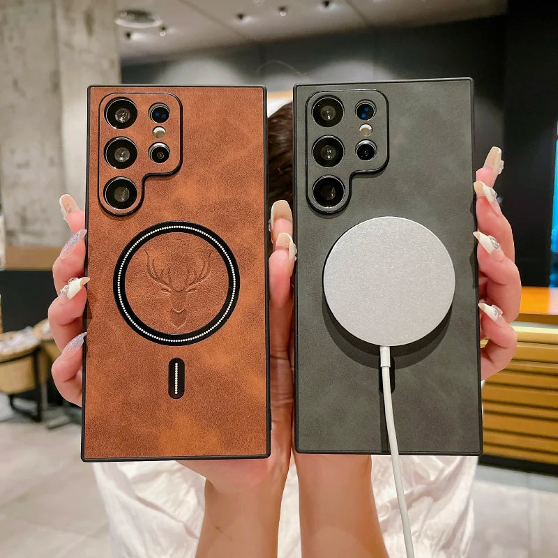 Luxury Leather For Magsafe Magnetic Wireless Charging Phone Case For Samsung S26 Ultra S24 S23 S21 S22 S25 Note 20 Ultra Plus FE