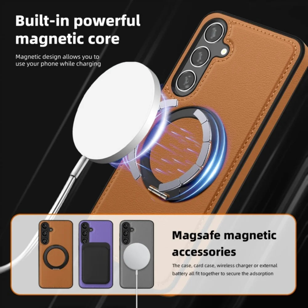 Luxury Leather Pattern Magnetic Stand Case For Samsung S25 S26 S24 S23 Ultra Plus S25 FE For Magsafe Shockproof Protection Case