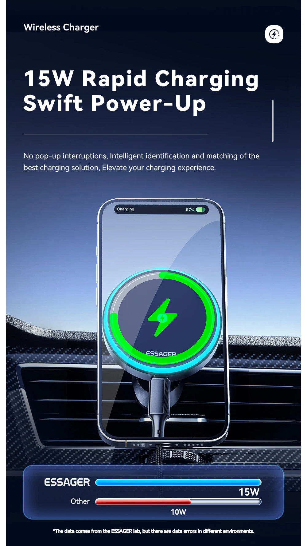 Essager Magnetic Car Phone Holder 15W Wireless Charger Stand For iPhone 17 16 15 14 Max Car Mount Charger for Magsafe LED Light