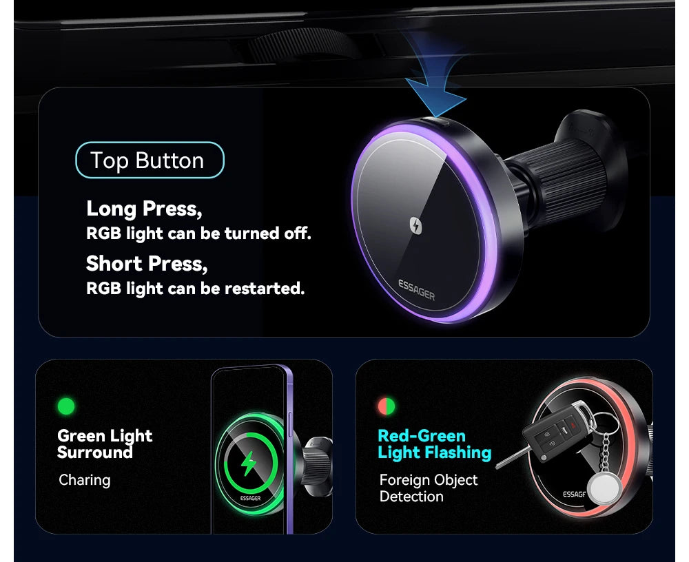 Essager Magnetic Car Phone Holder 15W Wireless Charger Stand For iPhone 17 16 15 14 Max Car Mount Charger for Magsafe LED Light