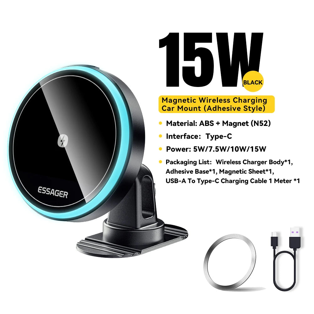 Essager Magnetic Car Phone Holder 15W Wireless Charger Stand For iPhone 17 16 15 14 Max Car Mount Charger for Magsafe LED Light