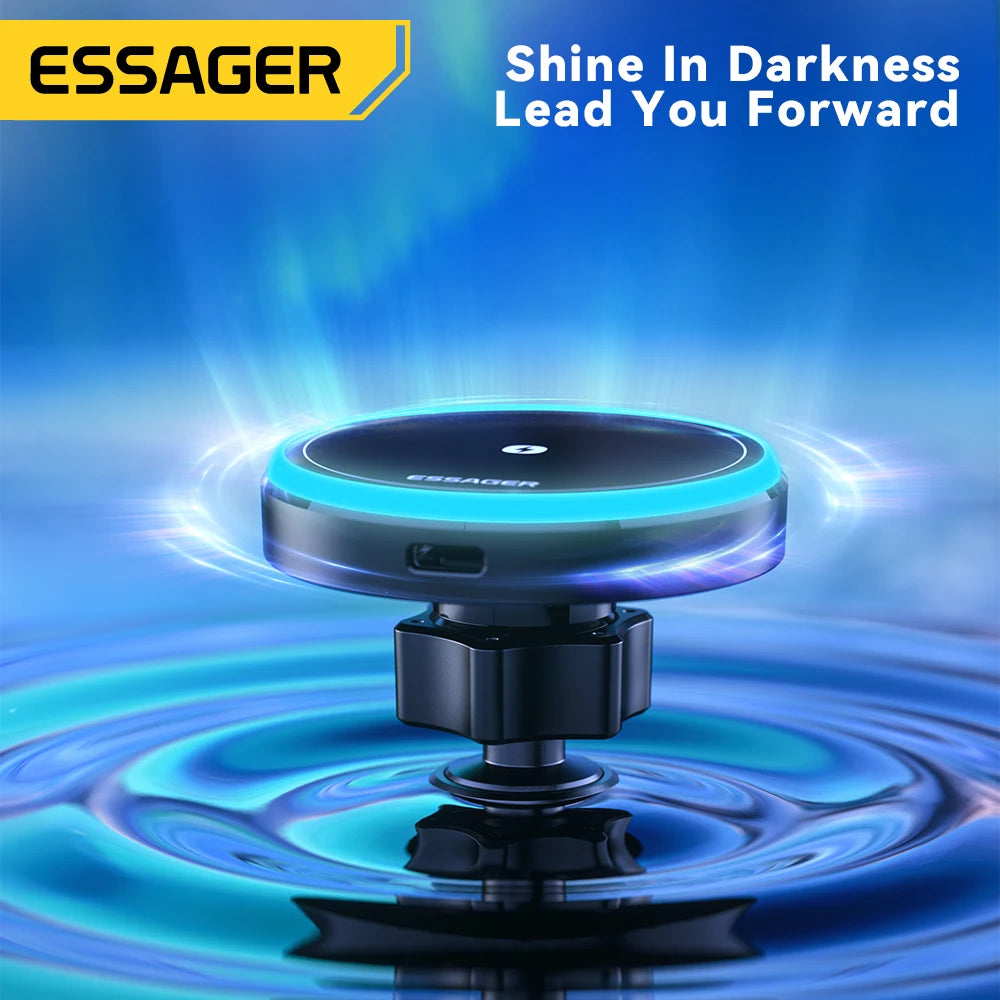 Essager Magnetic Car Phone Holder 15W Wireless Charger Stand For iPhone 17 16 15 14 Max Car Mount Charger for Magsafe LED Light