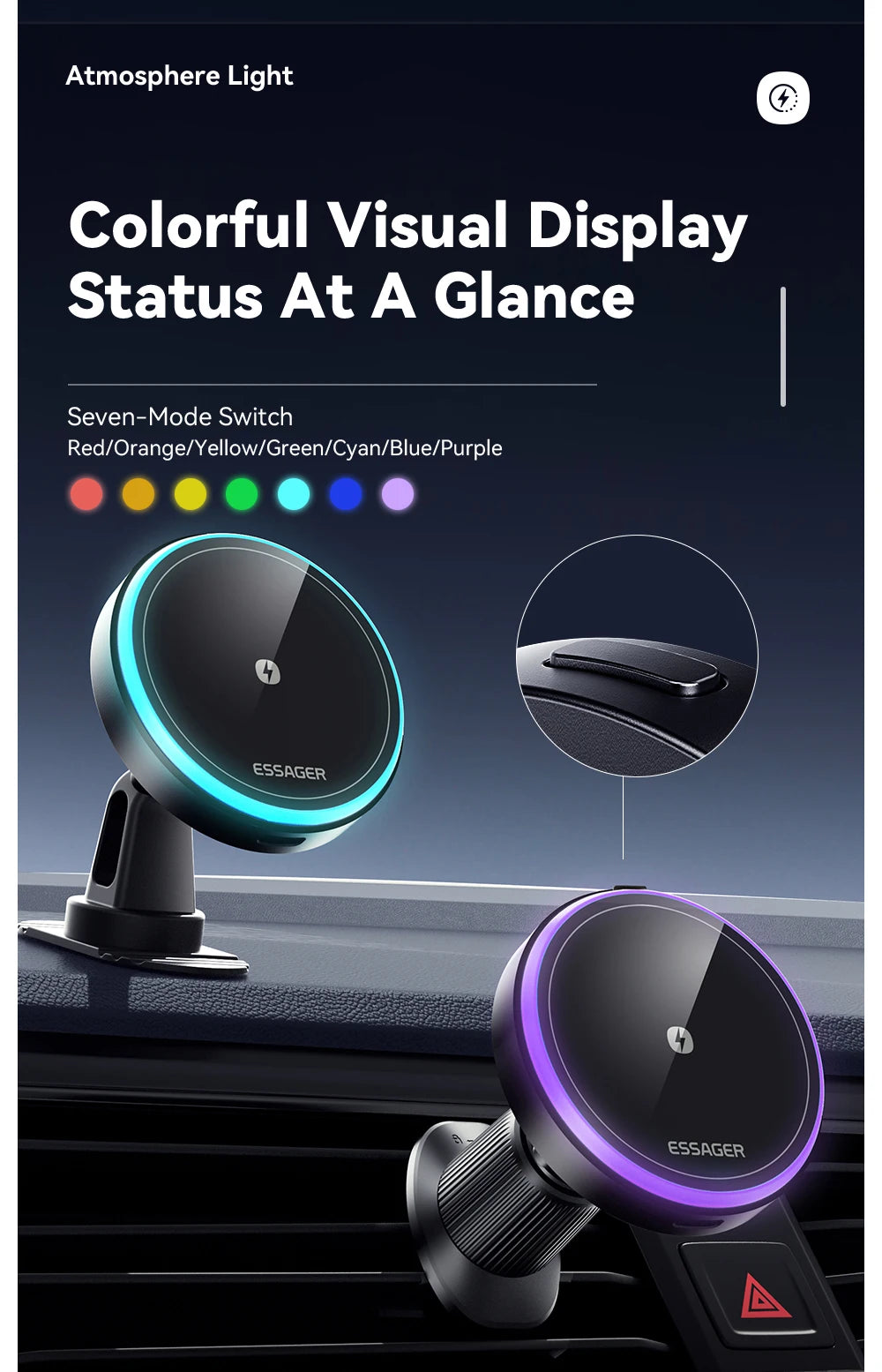 Essager Magnetic Car Phone Holder 15W Wireless Charger Stand For iPhone 17 16 15 14 Max Car Mount Charger for Magsafe LED Light